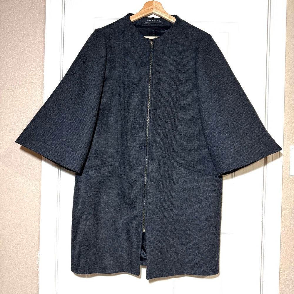 ZARA Women Wool Blended Black Cape Pea Coat Jacket Size L Minimalist Warm Office